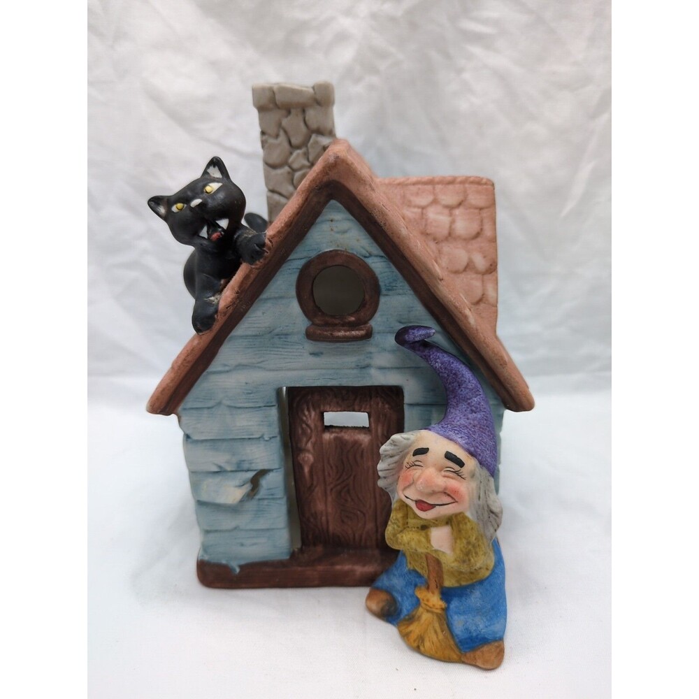 Vintage Witch Cabin Black Cat Tea Light Ceramic Candle Holder 4" X 4 1/2" X 6"